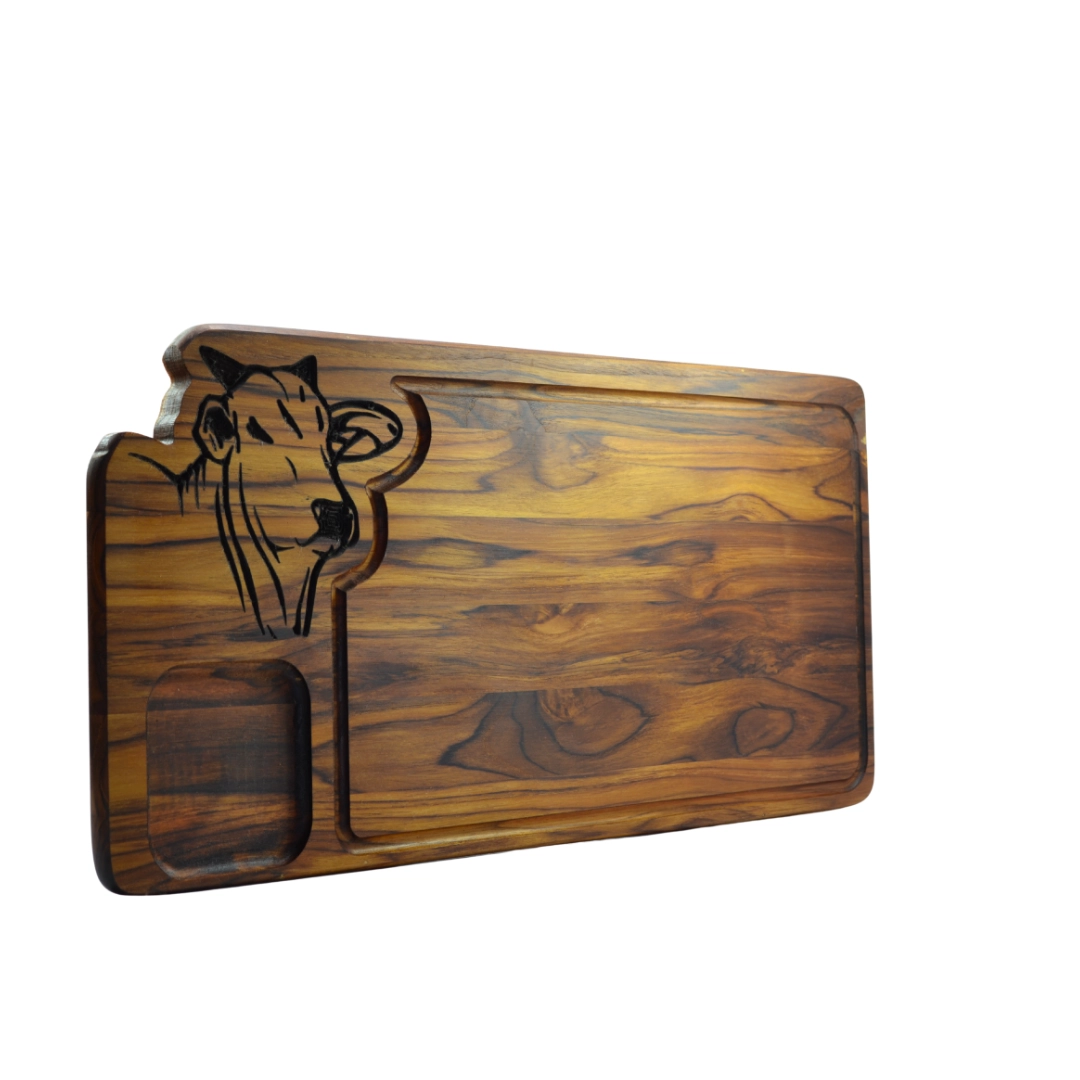 Tábua De Churrasco Boi 60x30cm Madeira Teca Com Porta Molho