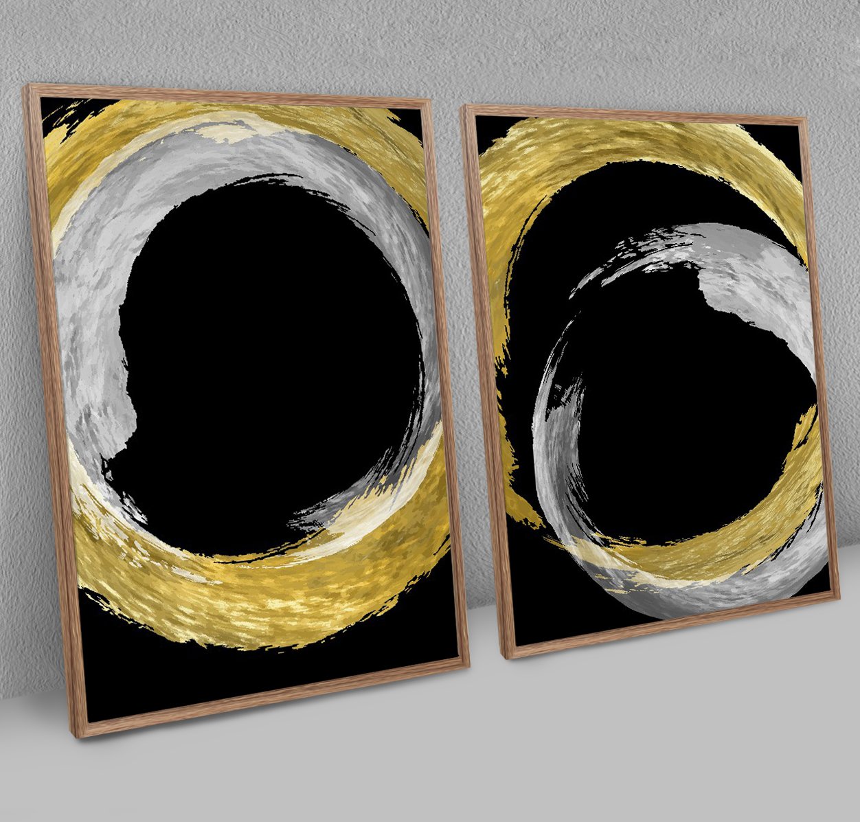 Dupla de Quadros Abstratos com Círculos Dourados e Prateados - Imagem 3