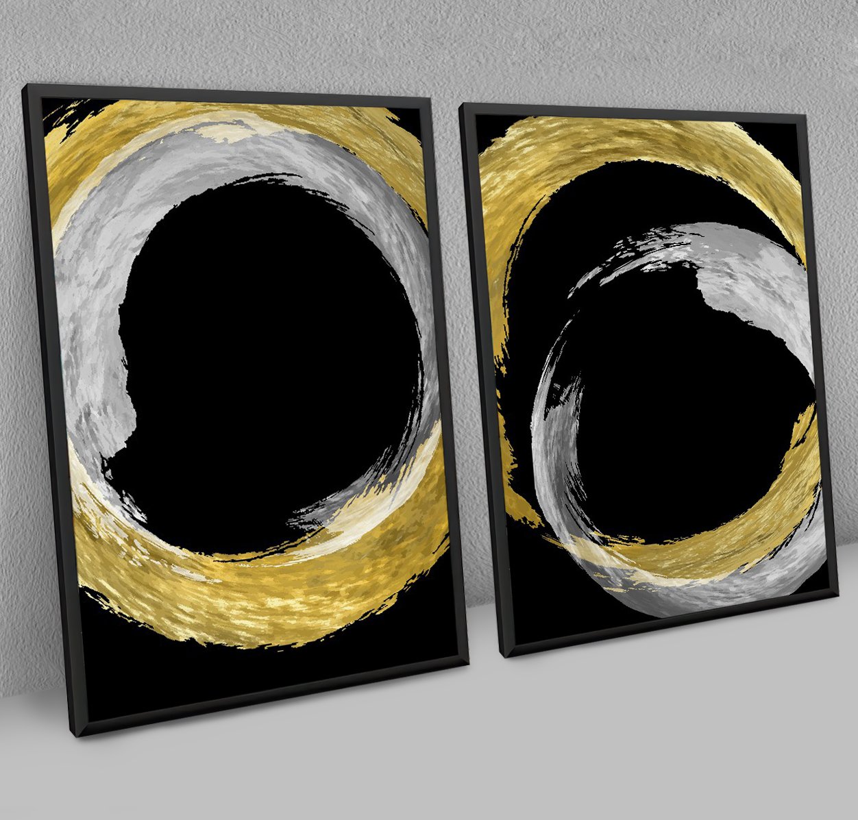 Dupla de Quadros Abstratos com Círculos Dourados e Prateados - Imagem 4