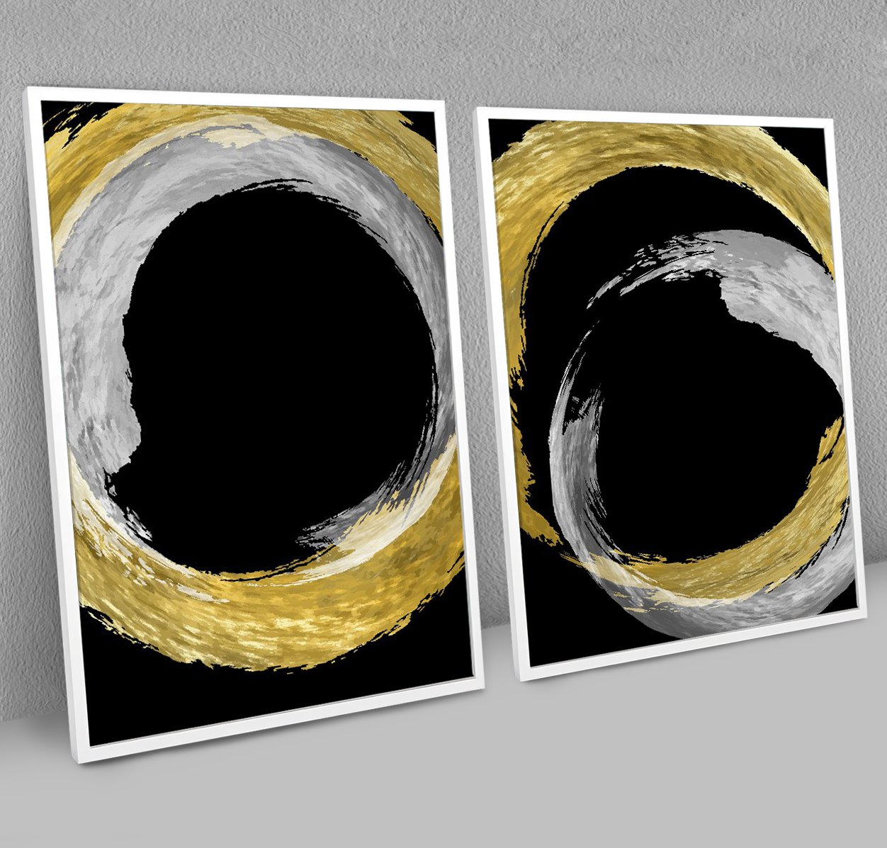 Dupla de Quadros Abstratos com Círculos Dourados e Prateados - Imagem 5