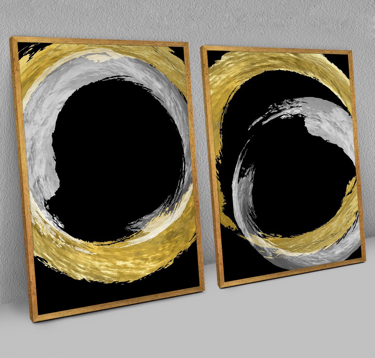 Dupla de Quadros Abstratos com Círculos Dourados e Prateados - Imagem 6