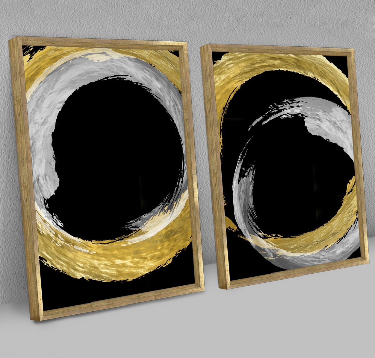 Dupla de Quadros Abstratos com Círculos Dourados e Prateados - Imagem 7