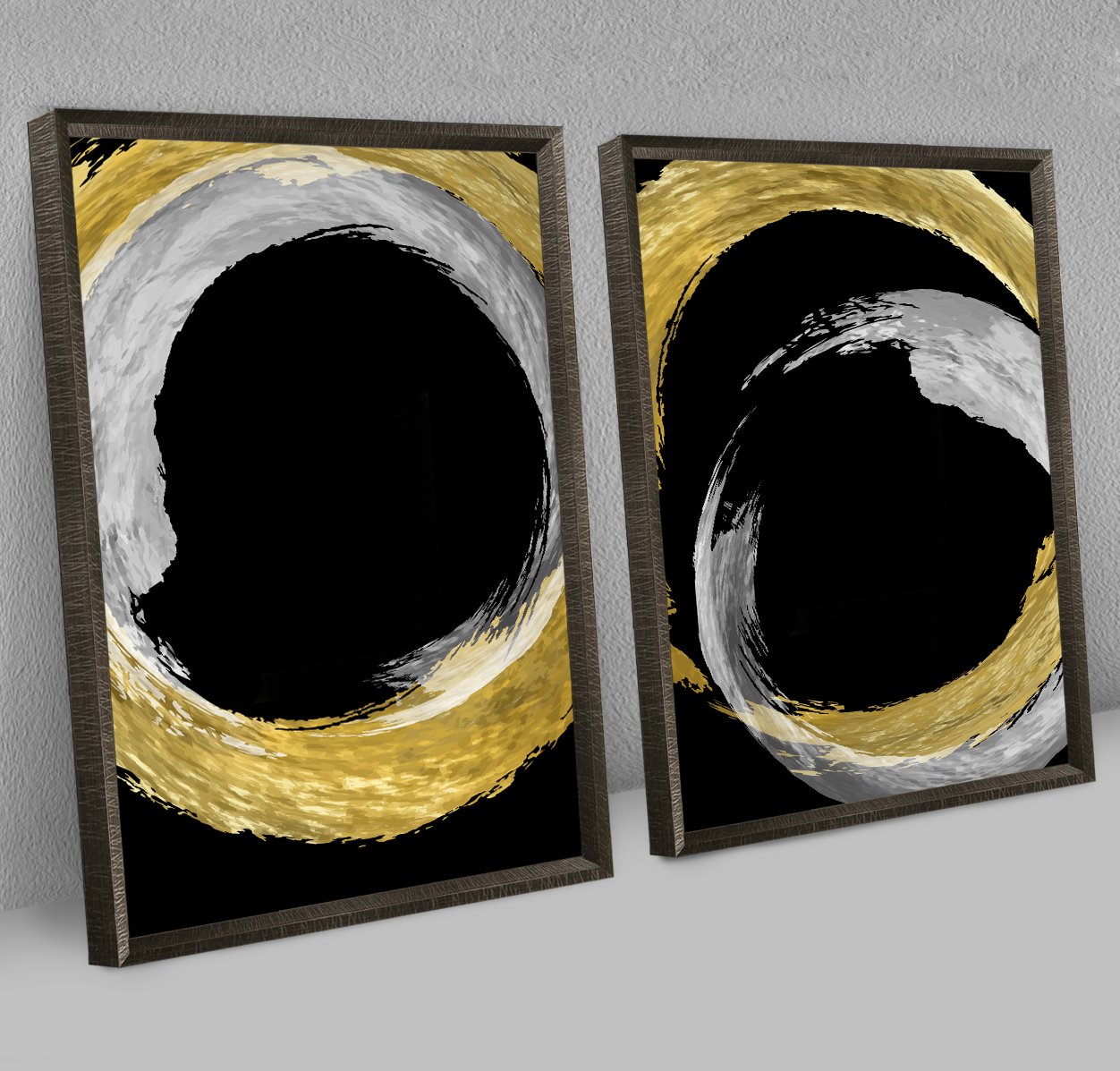 Dupla de Quadros Abstratos com Círculos Dourados e Prateados - Imagem 2