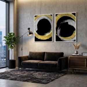 Dupla de Quadros Abstratos com Círculos Dourados e Prateados