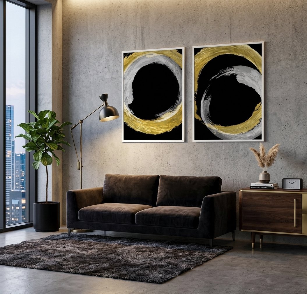 Dupla de Quadros Abstratos com Círculos Dourados e Prateados